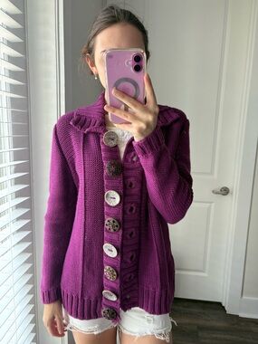 Essentials Women’s Purple Button-Front Knit Sweater